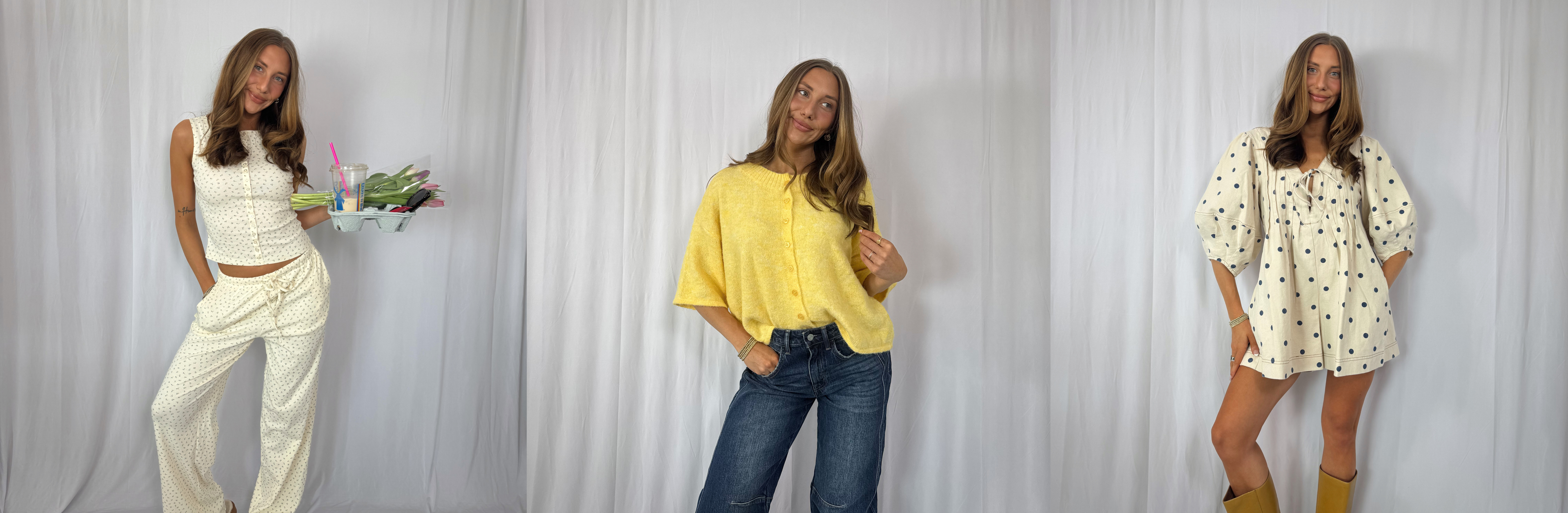 Three women wearing yellow outfits against a white curtain background